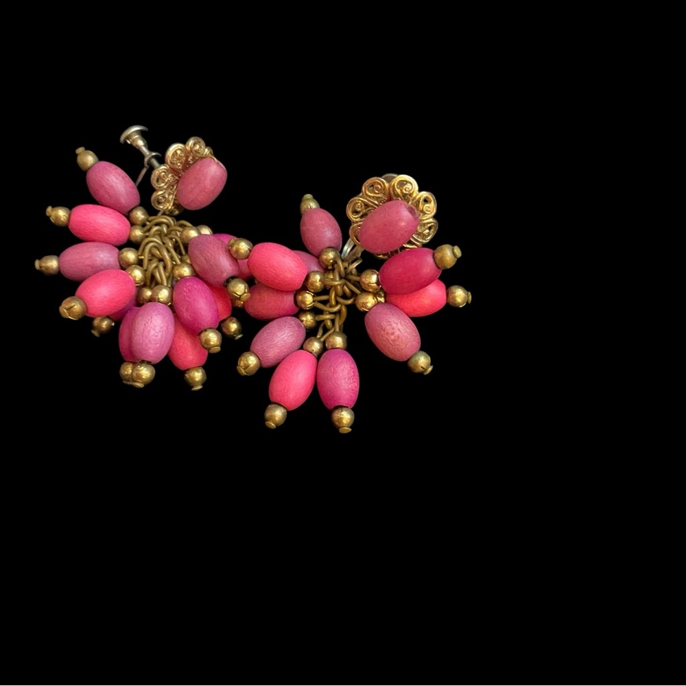 Vintage Red Glass Bead Dangle Clip-On Earrings